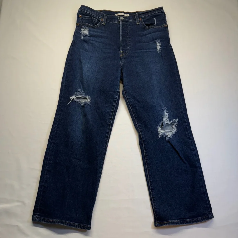 Levi's Ribcage Straight Ankle Distressed Jeans Dark Wash 31 Crop Wide Leg‎ Women